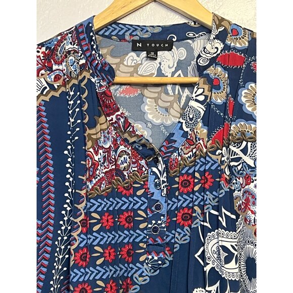 N Touch Women’s 1X Multicolor Floral Boho Tunic Top Button Details Blue Red - Picture 3 of 15